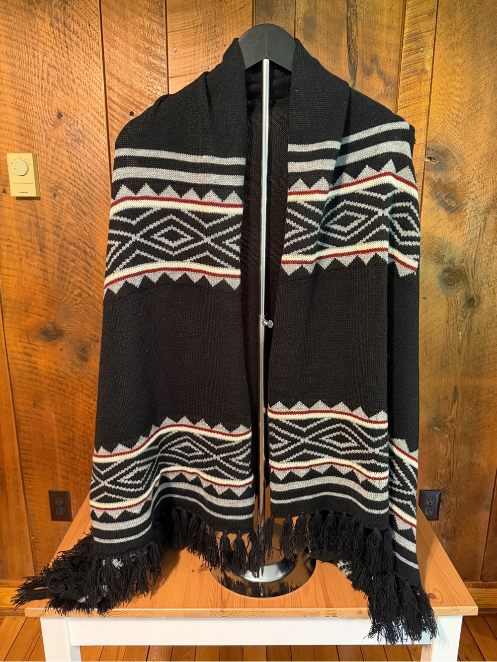 Southwestern Aztec Fringe Knit Shawl Vest Blanket Poncho Black Gray OS